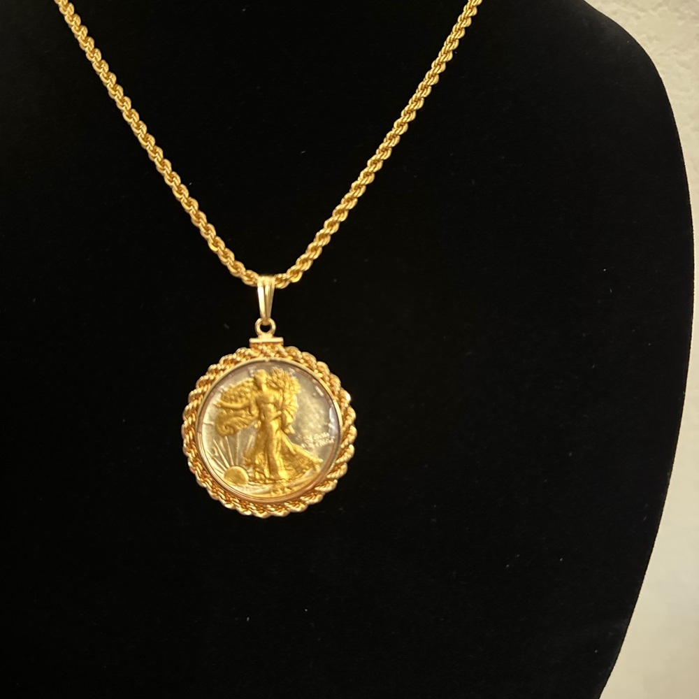 Vintage “Walking Liberty” 1945 Gold Plated Half Dollar Pendant—24 Inch Chain